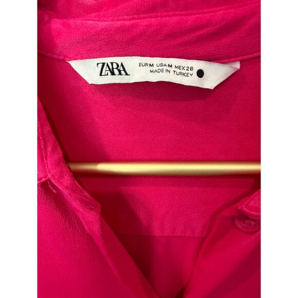 Zara Hot Pink Blouse Button Front Long Sleeve Split Hem Silky Texture Size M EUC - Picture 4 of 4